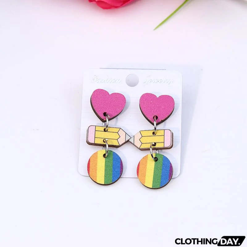 Women's Creative Fashion Wood Printing Pencil Stripe Heart Earrings