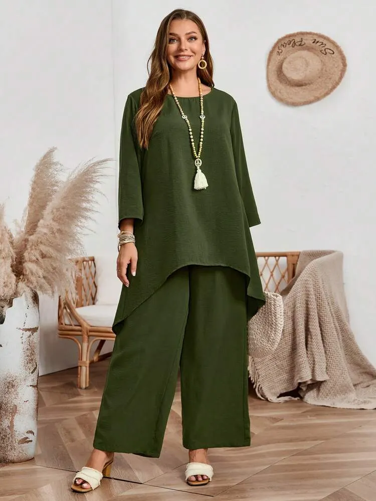2pcs Plus Size Vacation Casual Solid Asymmetric Hem Long Sleeve Top And Pants Set