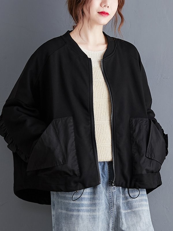 Original Solid Round-Neck Zipper Outerwear
