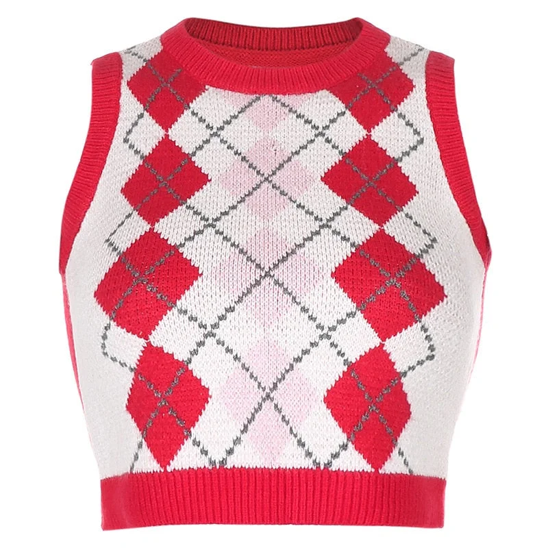Argyle Sweater Vest Women  Black Sleeveless Plaid Knitted Crop Sweaters Casual Autumn Preppy Style 2020 tops V Neck Vintage