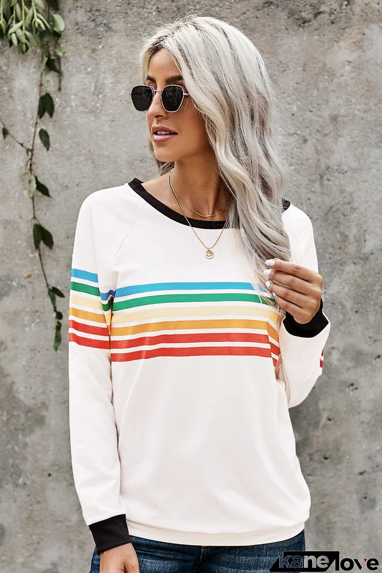 Casual Rainbow Print White Long Sleeve Top