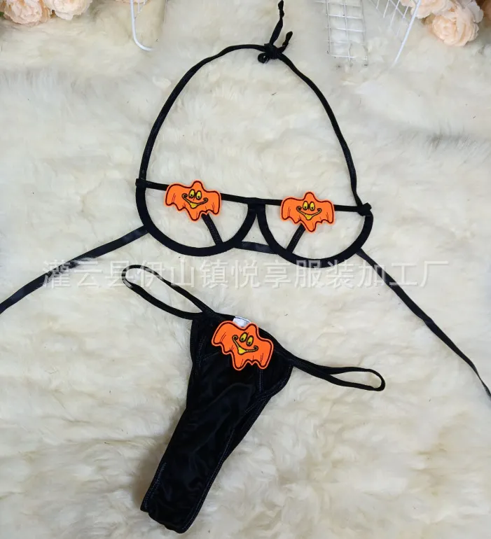 Churchf Halloween Strip Steel To Pumpkin Demon Strap Bikini Role-Playing Lingerie Set
