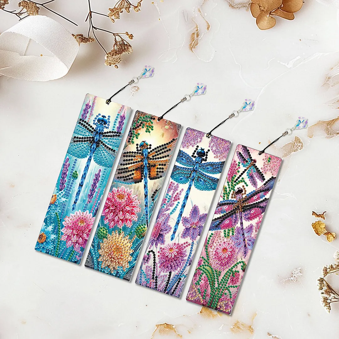 4Pcs Dragonfly Among Flowers DIY Diamond Bookmark Art Projects Irregular Shaped Diamonds Diamond Painting Art Bookmarks with Crystal Pendants for DIY Making Beginners Adult Art Craft Supplies