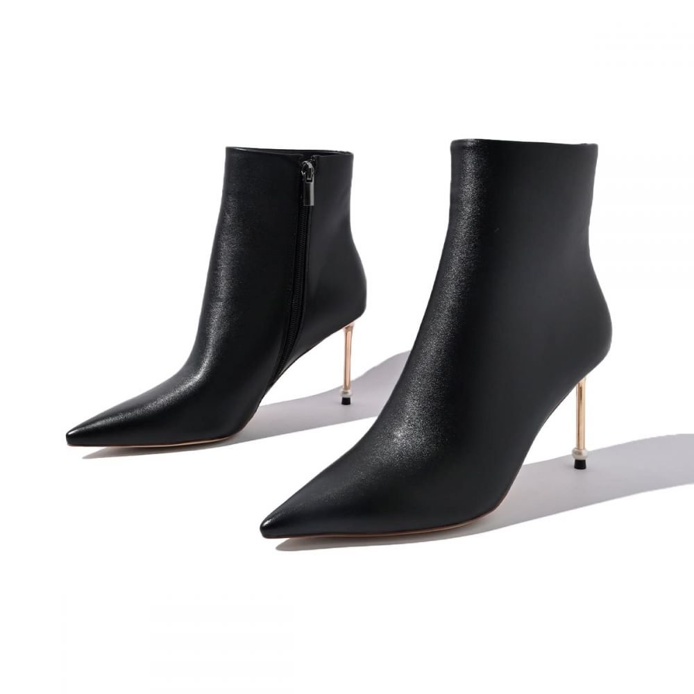 Black Ankle Booties Pointed Toe Pearl Decorative Heel Boots Nicepairs