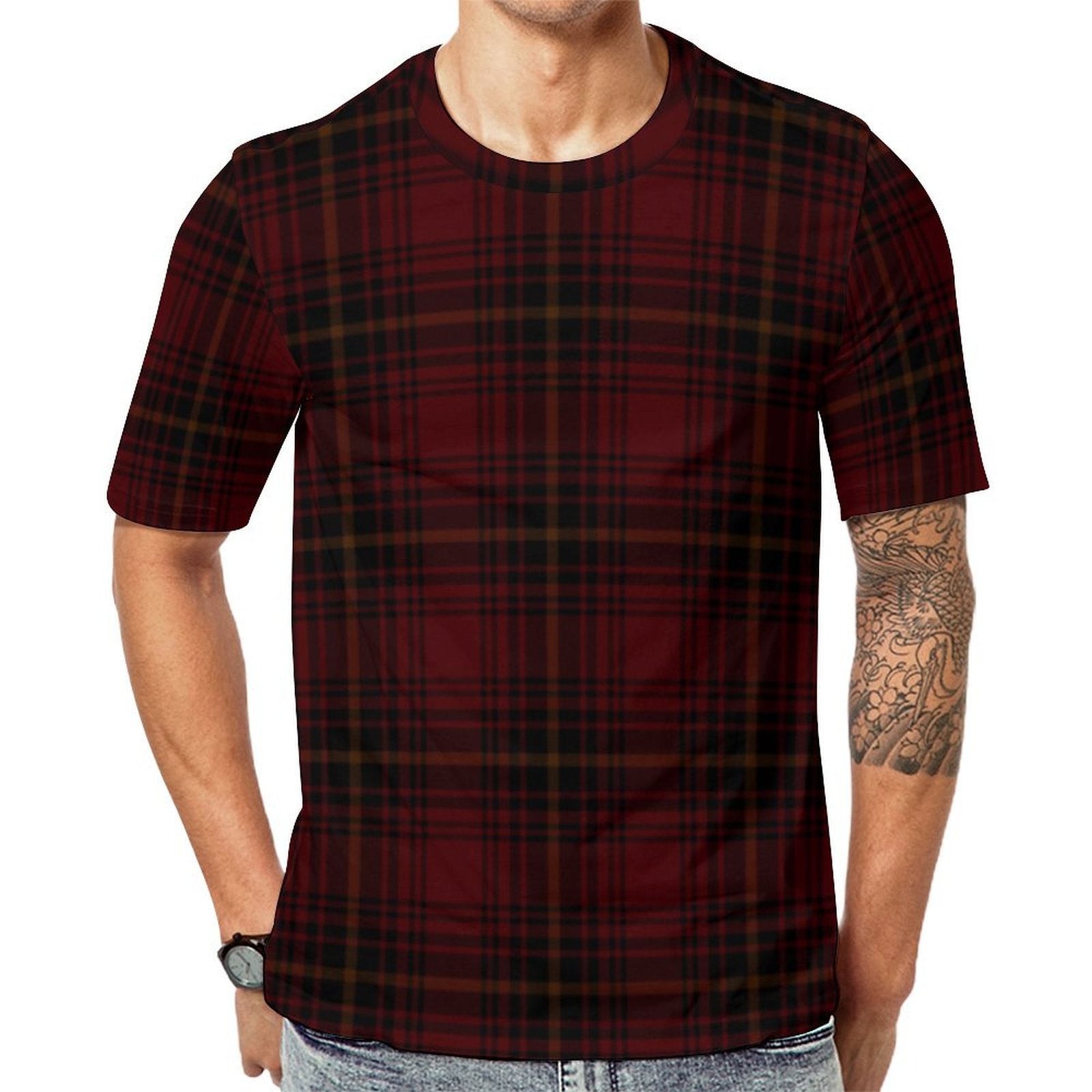 Red And Black Scottish Tartan Plaid  Short Sleeve Print Unisex Tshirt Summer Casual Tees for Men and Women Coolcoshirts