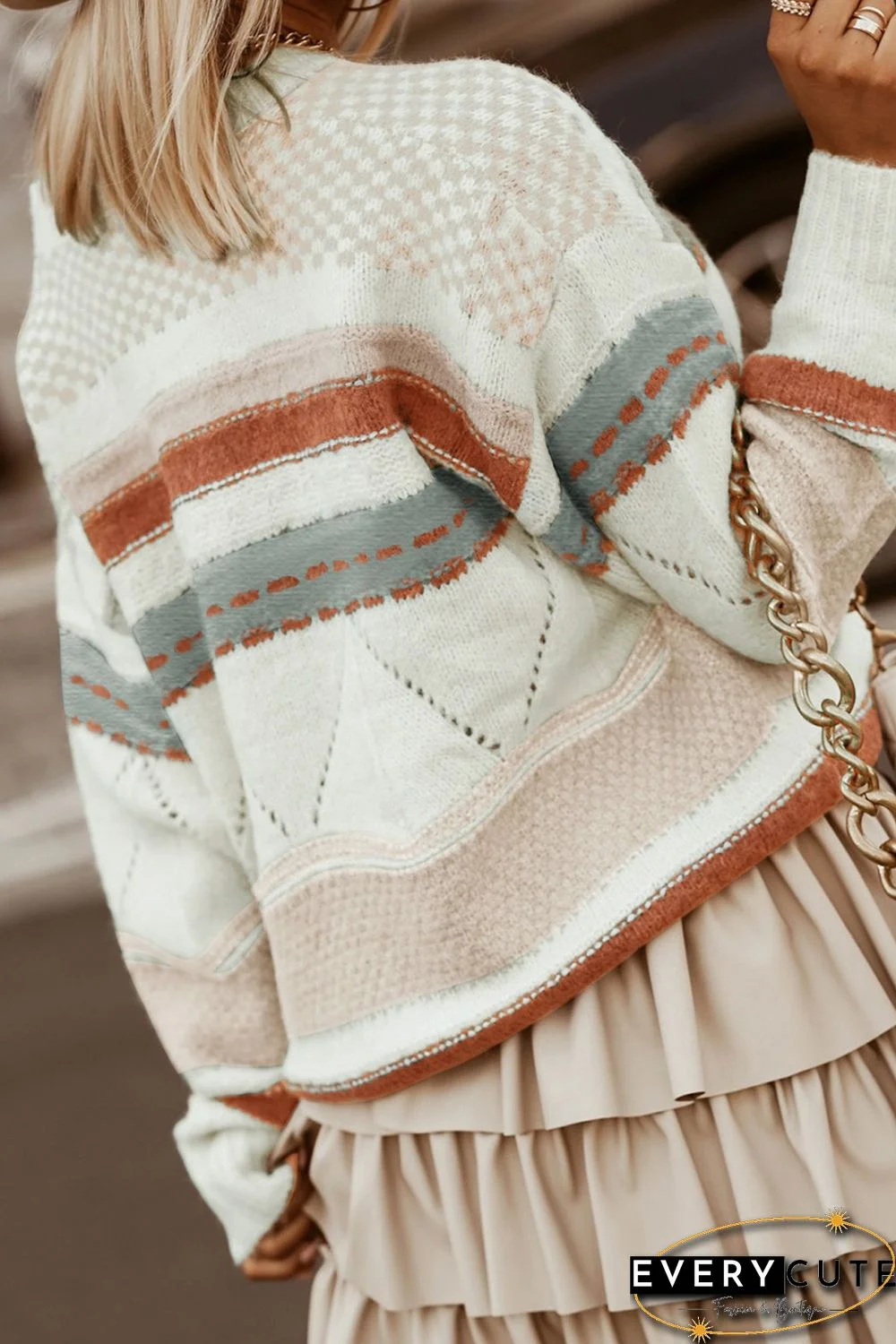 White Striped Colorblock Knit Sweater