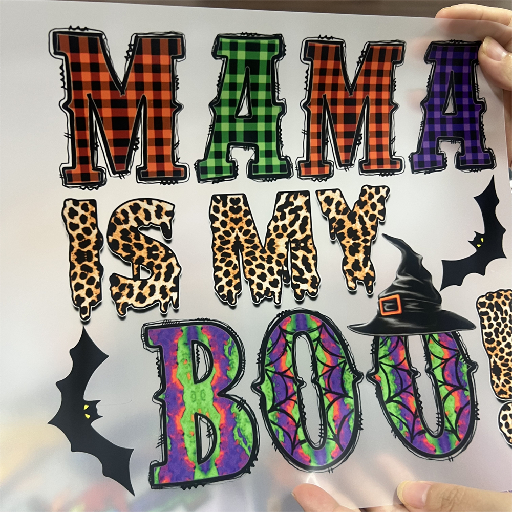 Low moq discount price mama is my boo halloween sticker dtf print heat press transfers