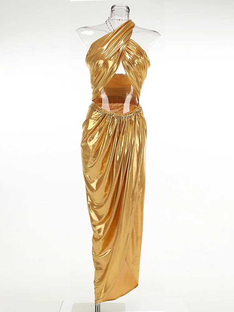 Brownm New Golden Sexy Hanging Neck Wrap Blouse Folding Irregular Half-Body Dress Two-Set Chain Dress