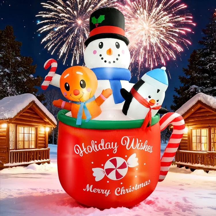 SANMADROLA 6.5 FT Christmas Inflatable Outdoor Decorations, Blow Up Cute Snowman Penguin Hot Cocoa Mug Candy Cane Built-in LED Xmas Decorations for Indoor Outdoor Garden Lawn Yard Holiday Party