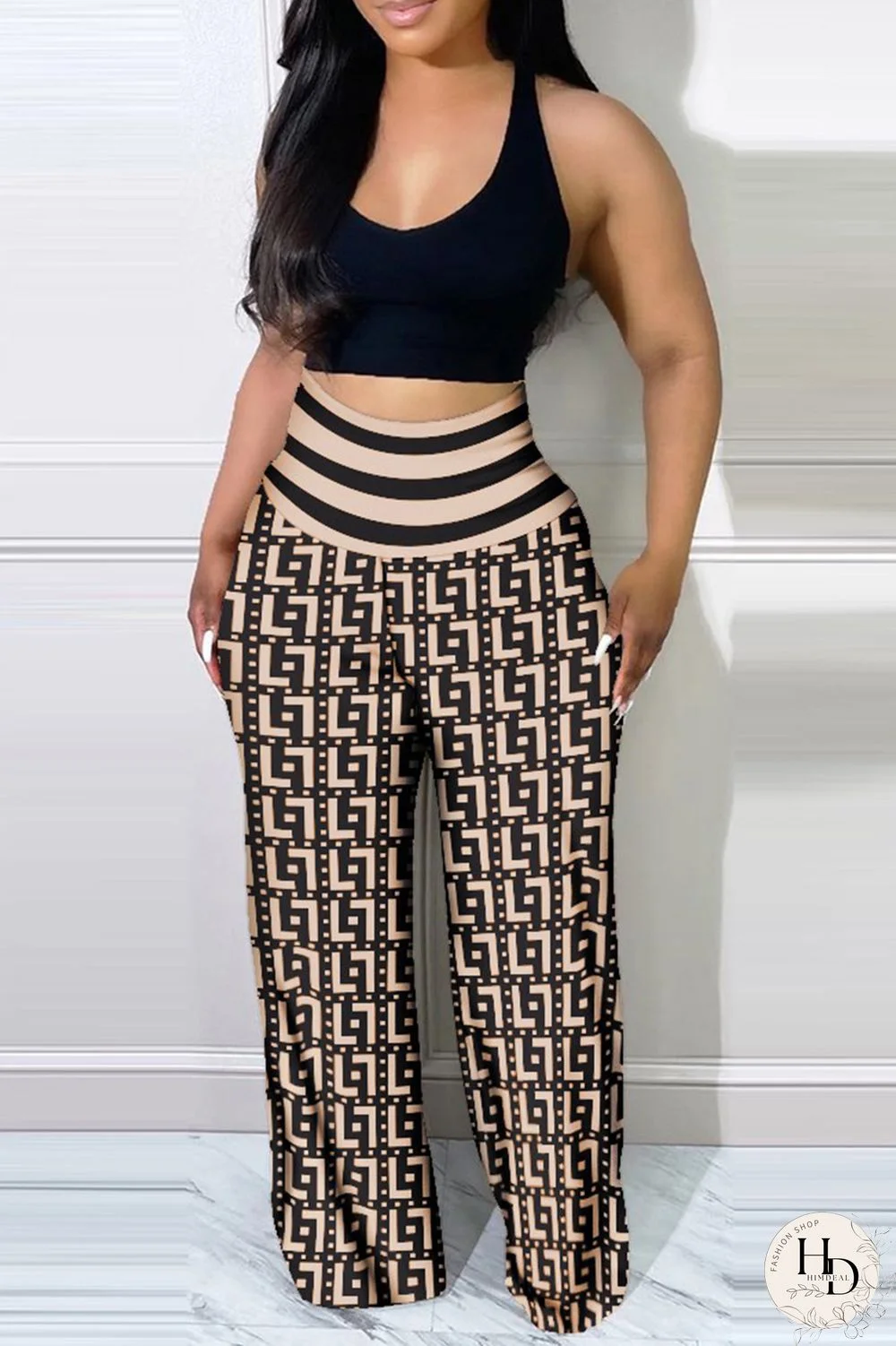 Apricot Fashion Casual Print Patchwork Regular High Waist Trousers