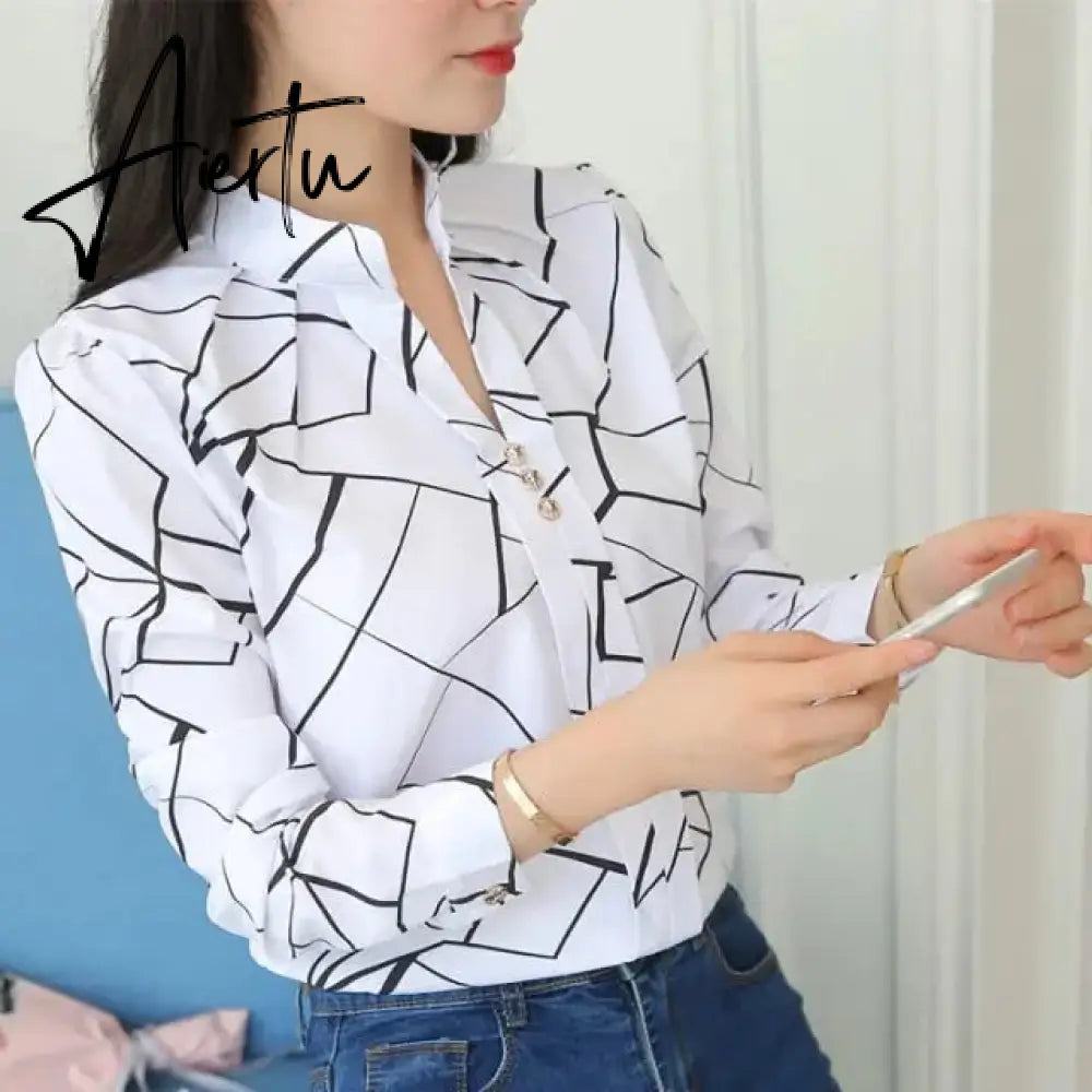 JFUNCY Plus Size Women White Tops and Blouses Fashion Stripe Print Casual Long Sleeve Office Lady Work Shirts Female Slim Blusas Aiertu