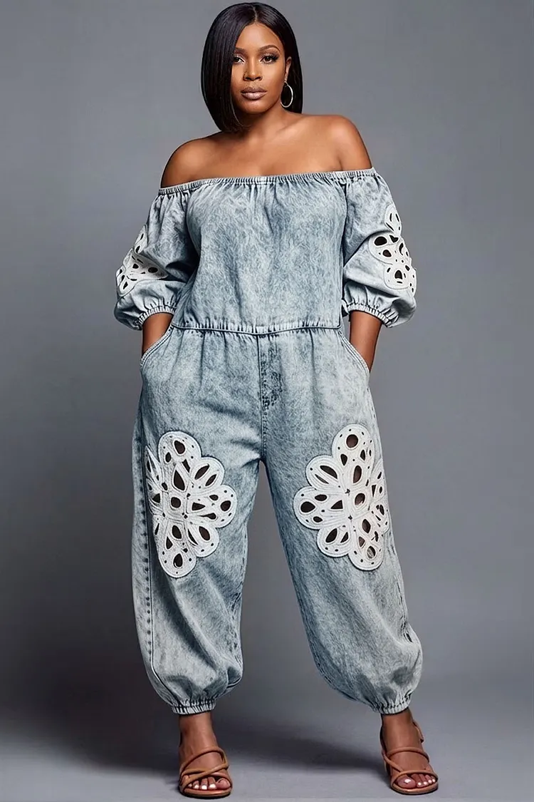 Xpluswear Design Plus Size Vacation White Off The Shoulder Half Sleeve Cut Out Pocket Denim Jumpsuits 2024 - Xpluswear