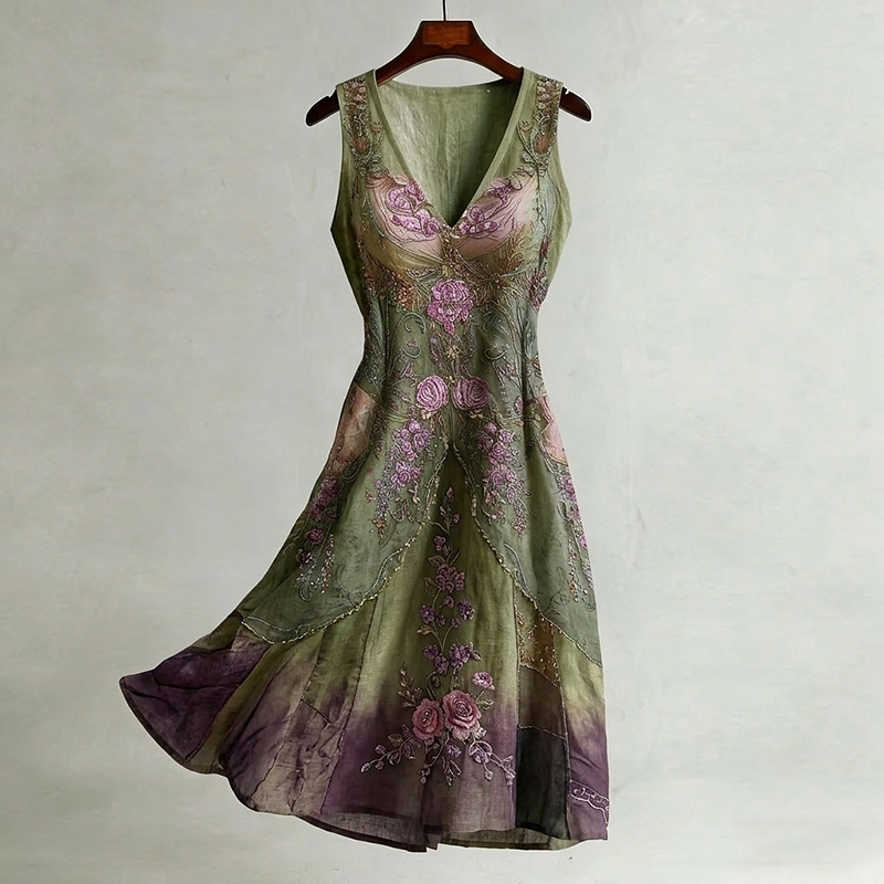 Women's Retro Purple Rose Floral Pattern Casual Sleeveless Dress wearshes