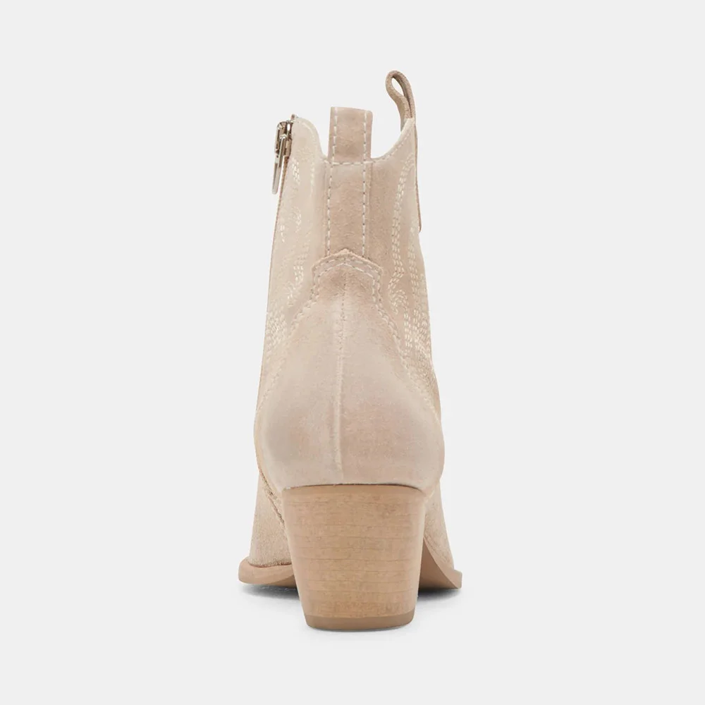 Beige Square Toe Chunky Heel Side Zipper Stitching Cowgirl Boots