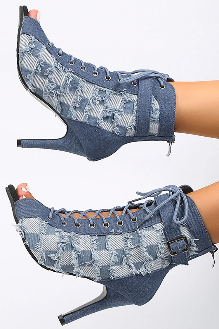 Plus Size Fashion Denim Front Lace Up High-Heeled Fish Mouth Sandals