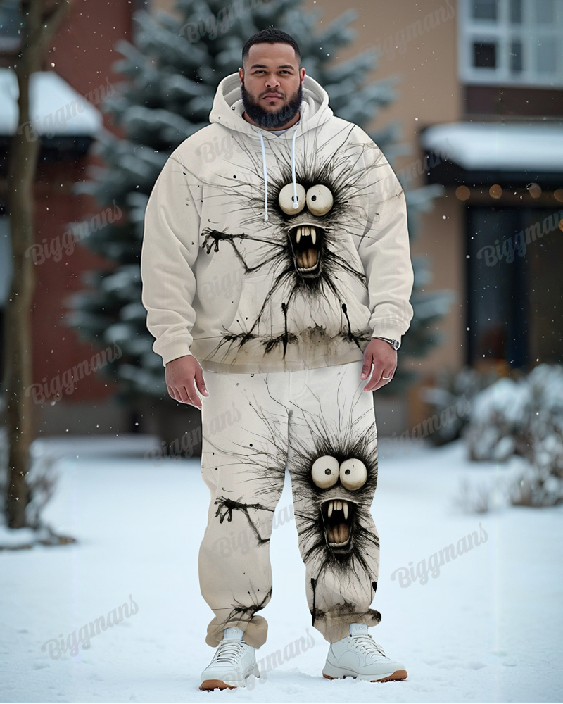 Men's Daily Casual Gothic Black Fur Ball Monster Print Plus Size Hoodie Suit