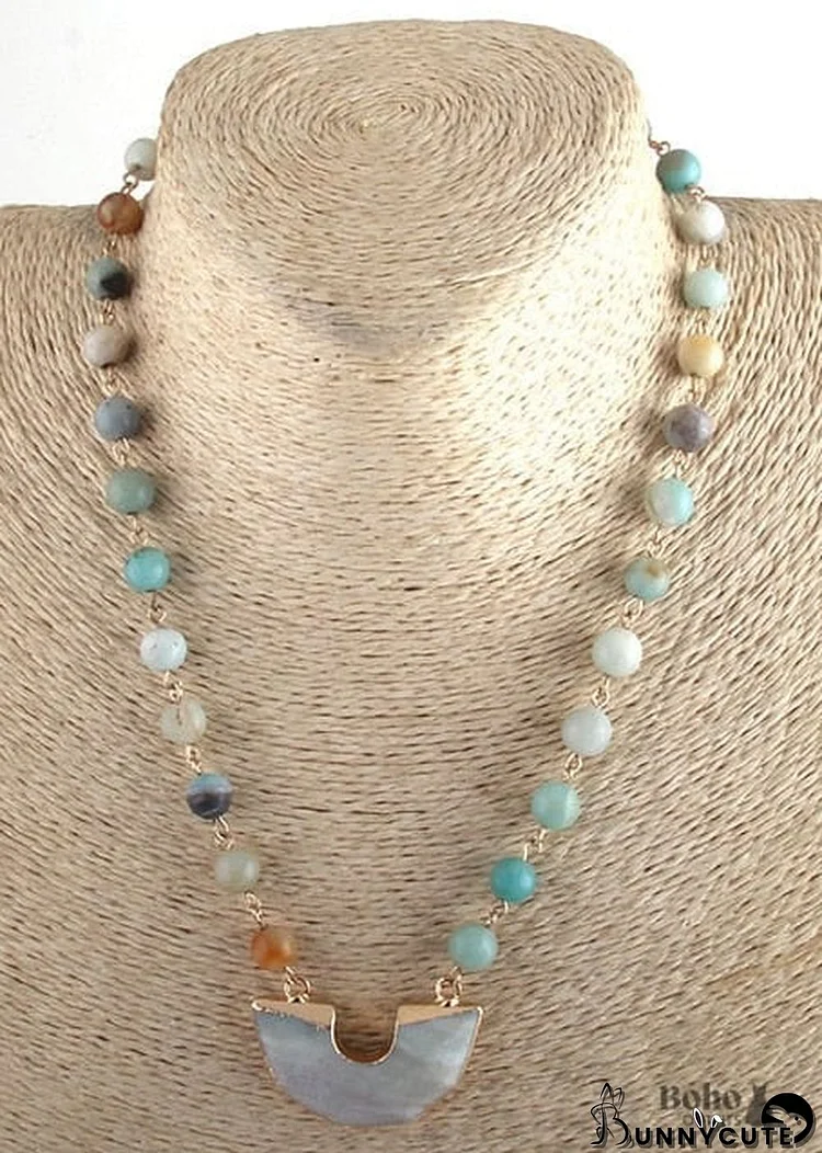 Boho Necklace, RH Rose Quart Amazonite, Half Moon Pink Natural Stone