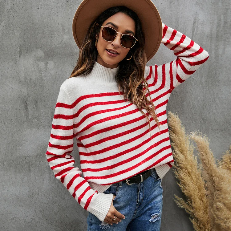 Casual Striped Stand Collar Sweater - yankia