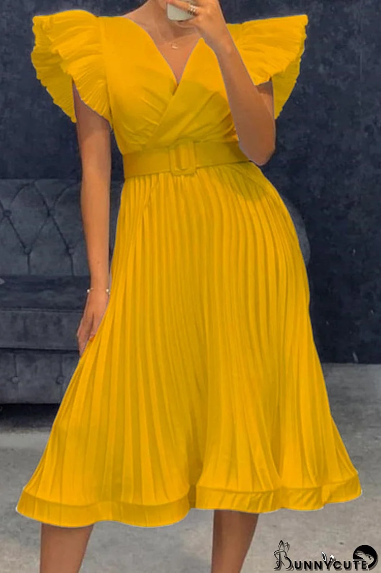 Yellow Casual Solid Patchwork Fold V Neck Straight Dresses