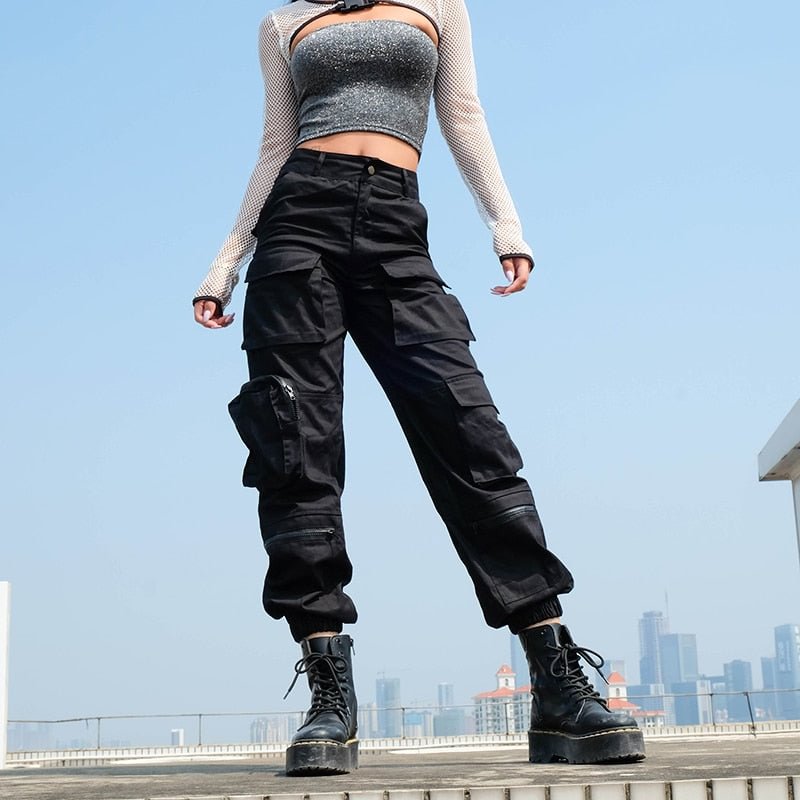 Sweetown Safari Style High Waist Streetwear Pants Women Pockets Patchwork Hippie Trousers Solid Casual Baggy Cargo Pants Black