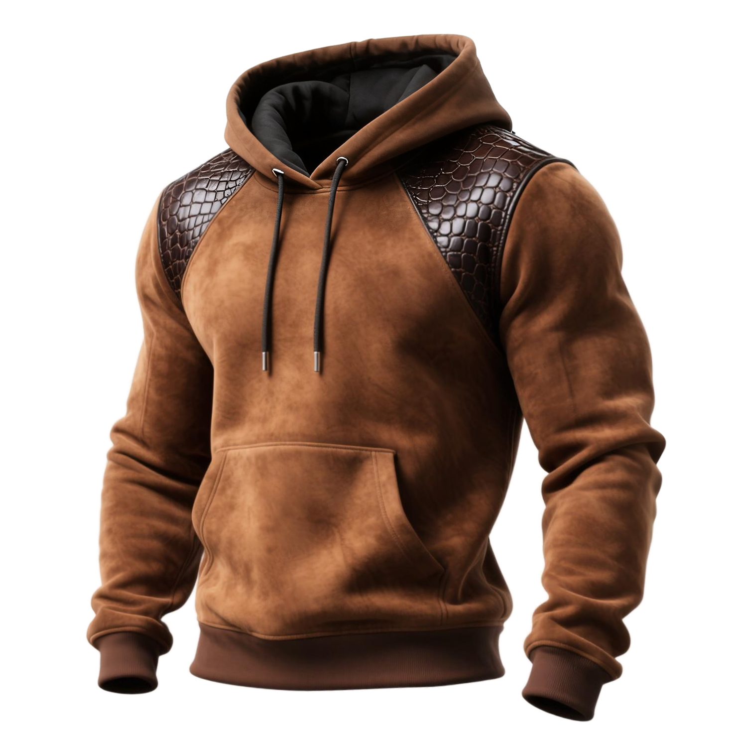Men's Outdoor Retro Style Leather Stitching Suede Fur Collar Hooded Sweatshirt With Detachable Fur Collar