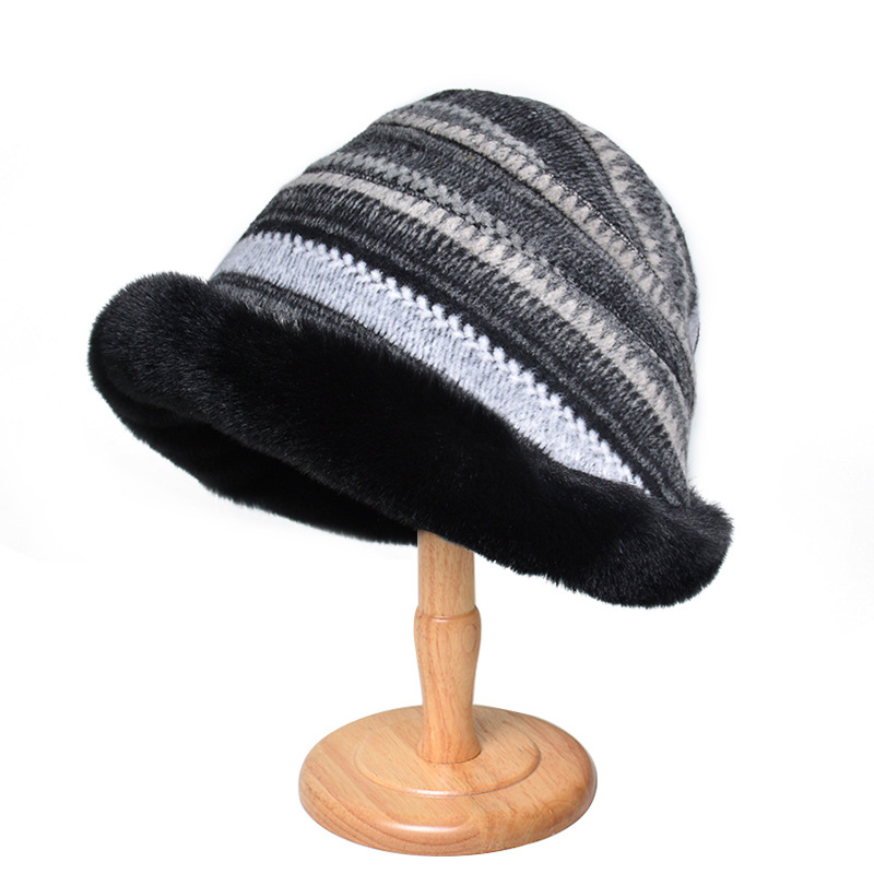 Mature Women Houndstooth Ethnic Style Warm Thickened Bucket Hat