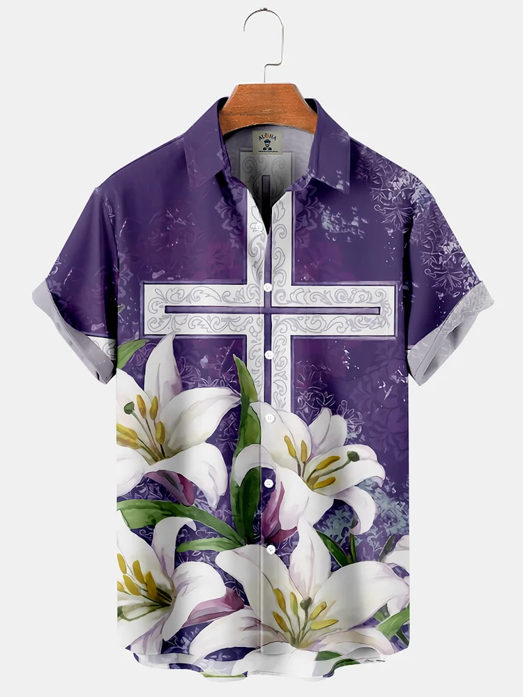 Men's Easter Cross and Lily Print Short Sleeve Shirt