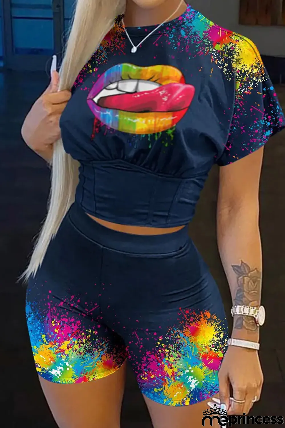 Deep Blue Casual Print Patchwork O Neck Short Sleeve Two Pieces