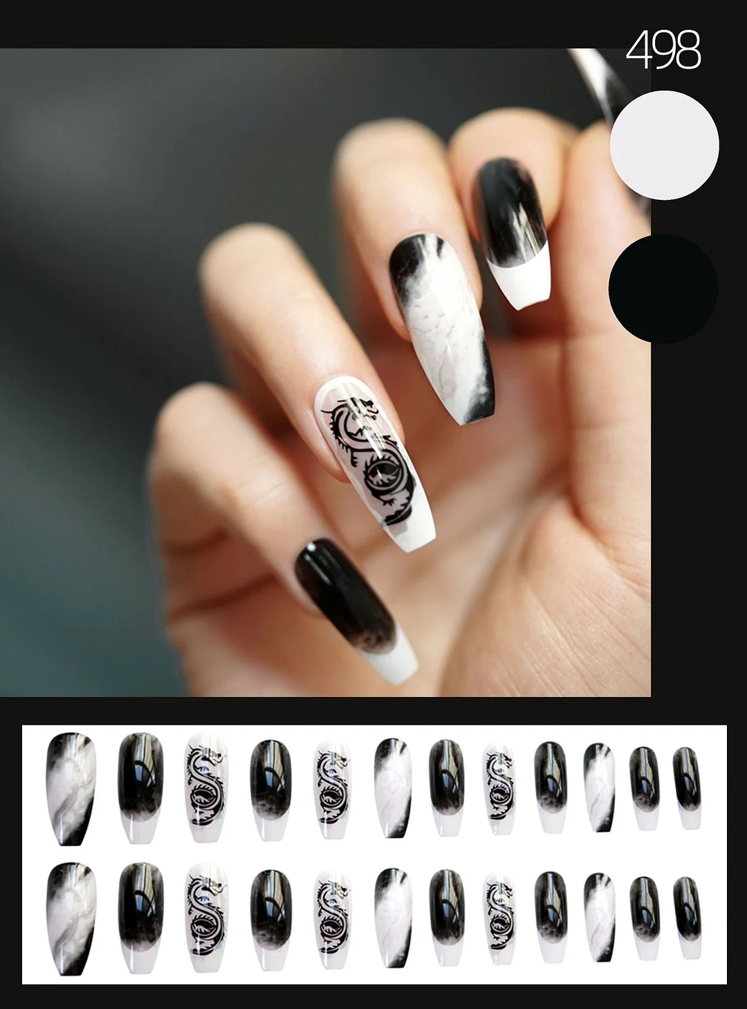 24PCS Dark Punk False Nails with Glue Gradient Long Detachable Fire Dragon  on Nails Skull Flame Art DIY Fashion Manicure Tool-Nail Inspo