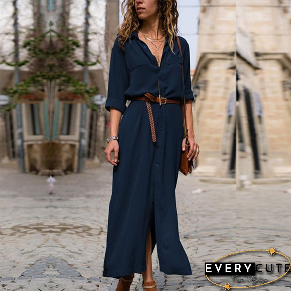 New Autumn Winter Casual Shirt Dress Women Full Sleeve Turn Down Collar Solid Dress