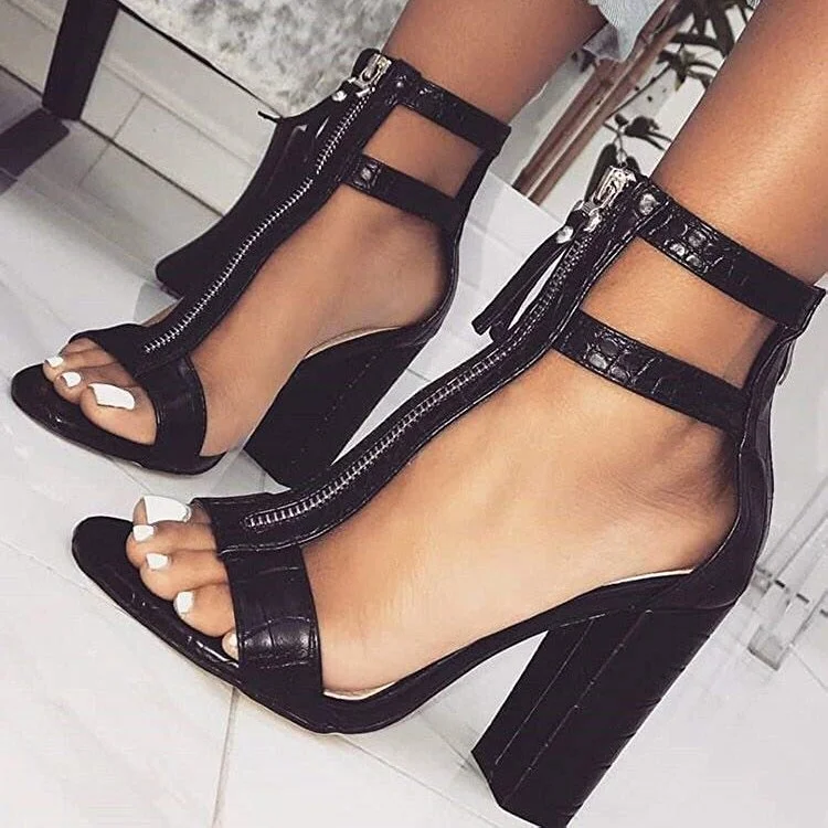 Black Bamboo Texture Chunky Heel T-Strap Ankle Strap Sandals Vdcoo