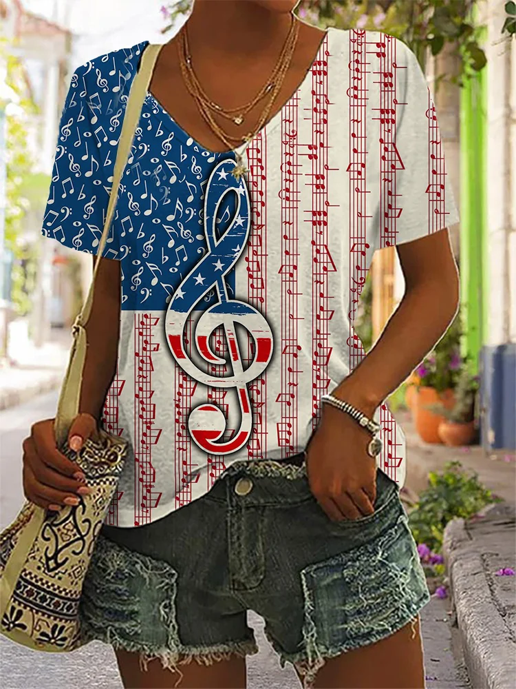 Music Notes America Flag V Neck T Shirt