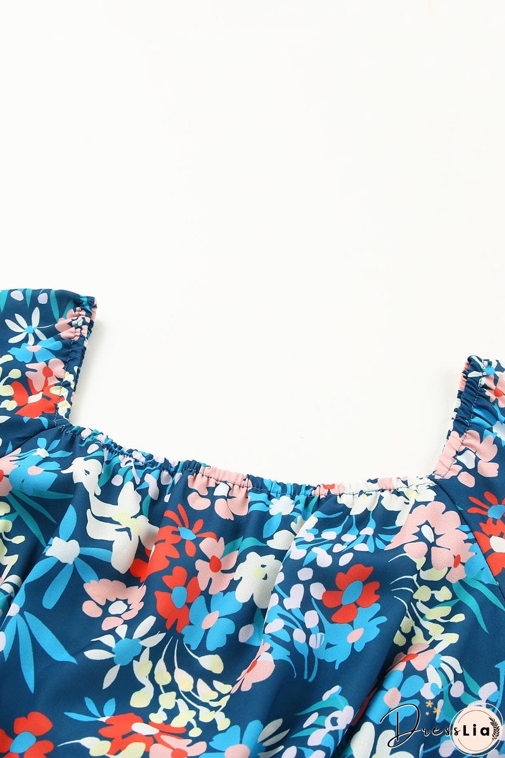 Blue Floral Ruffle Mini Dress with Square Neck