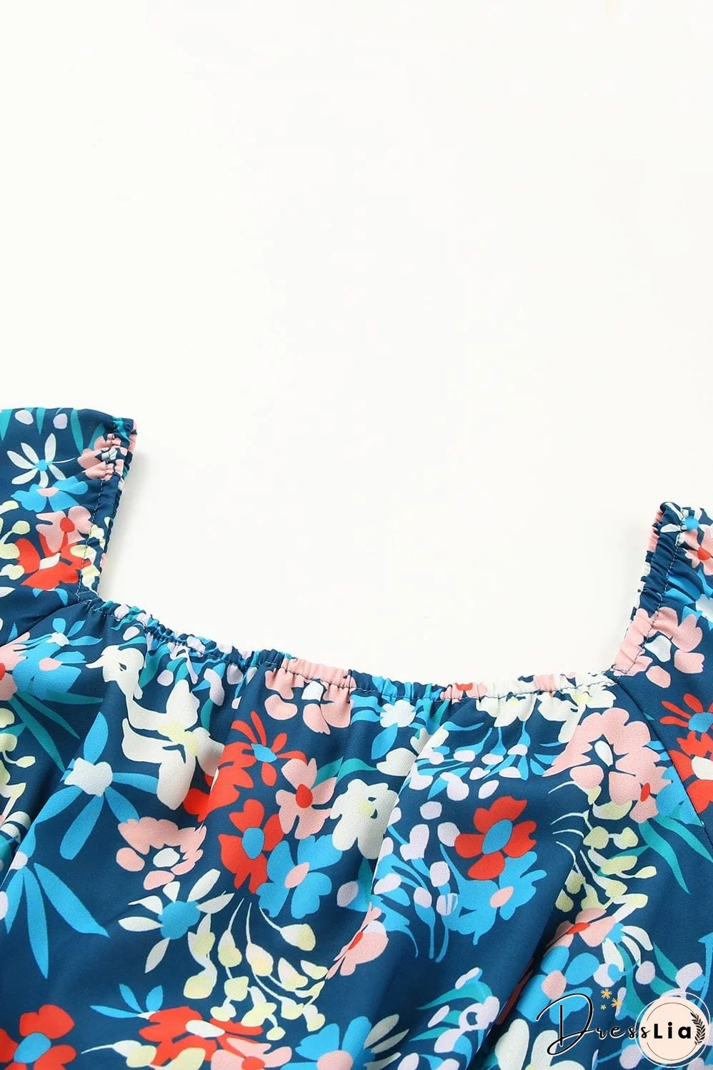 Blue Floral Ruffle Mini Dress with Square Neck