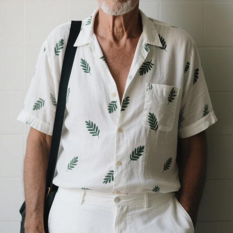 Men's Leaves Print Lapel Short Sleeve Casual Shirt