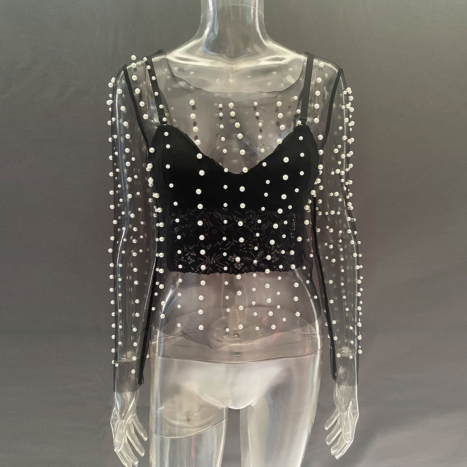 Ootddress Summer Long Sleeve Beach Top Mesh For Women Sheer Lace See-Through Crop top Pearls Cover up Slim Nude sexy Party Outfits