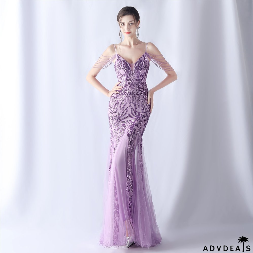 Women beaded mesh evening dress