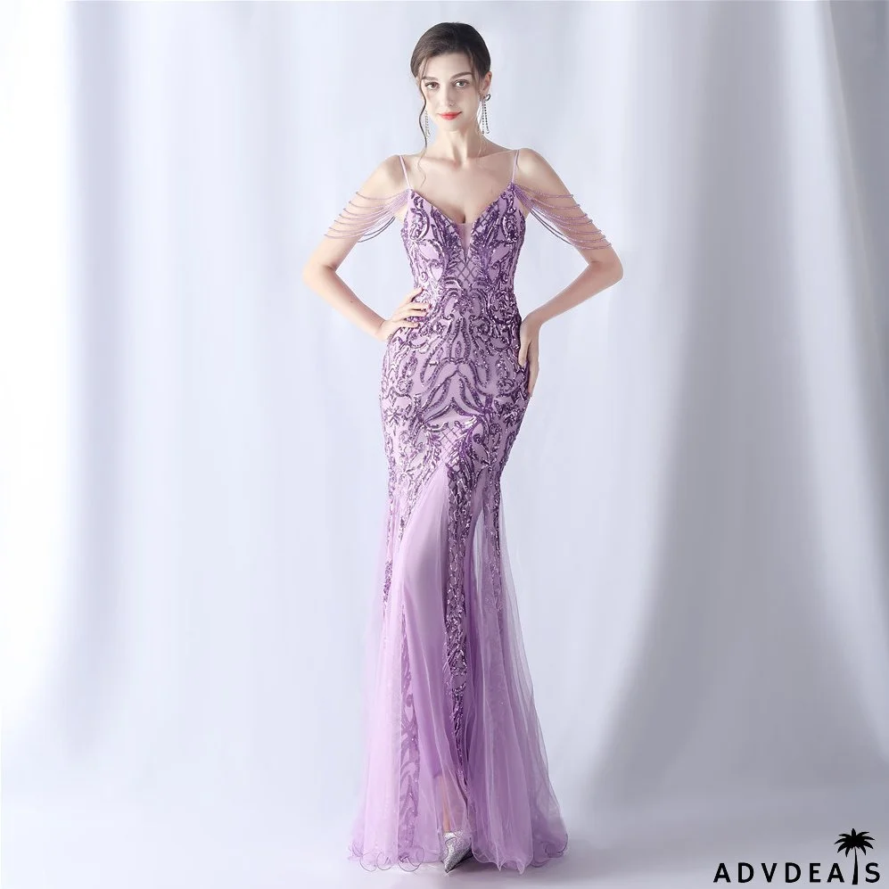 Women beaded mesh evening dress