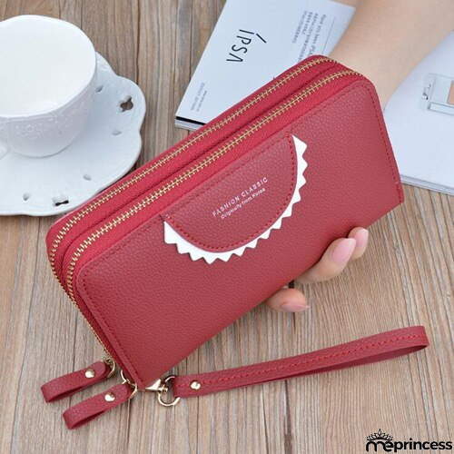 Women's Leather High Capacity Double Zipper With Wristband Purses