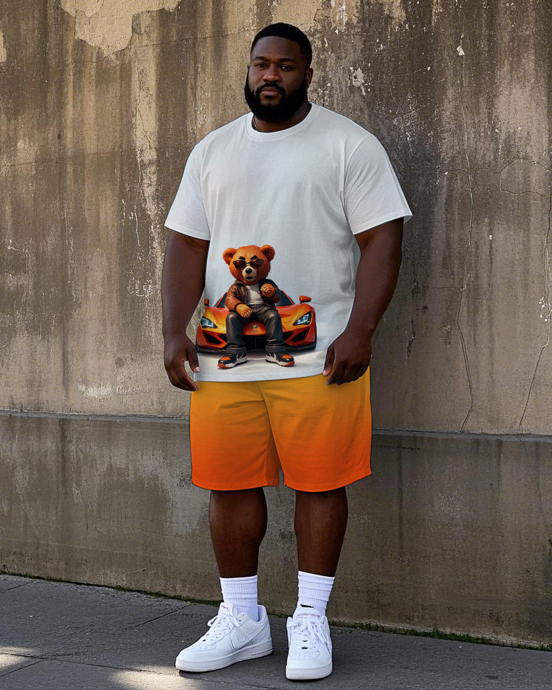 Big Men's Gradient Hip Hop GradientCartoon Cool Bear & Sports Car Printed Short Sleeve T-shirt Shorts Set