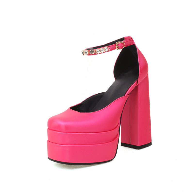 GOOSHOE Sandals Women Pumps Chunky High Heels Platform Dress Shoes Buckle Rhinestone Size 43