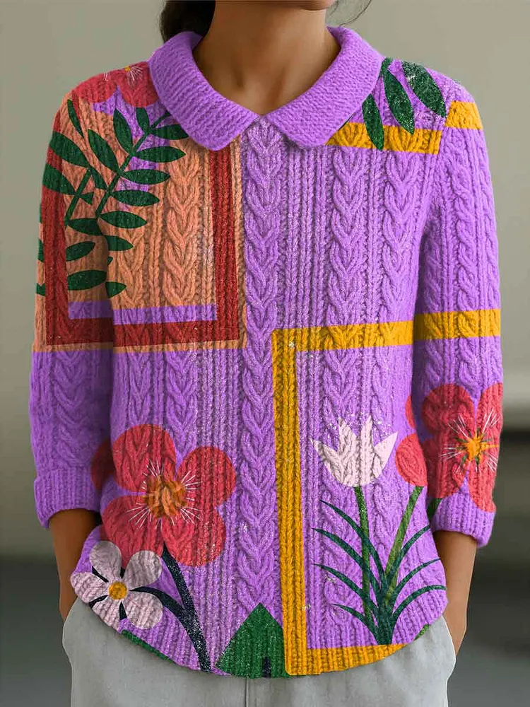 Women's Contrast Color Stitching Flowers Casual Print Peter Pan Collar 3/4 Sleeve Sweater