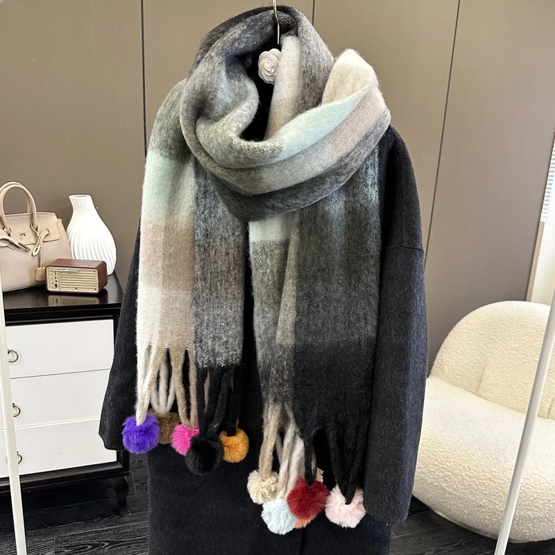 New Rainbow Stitching Dyed Plaid Scarf Women’s Winter Atmosphere Long Style Thickened Tassel Scarf