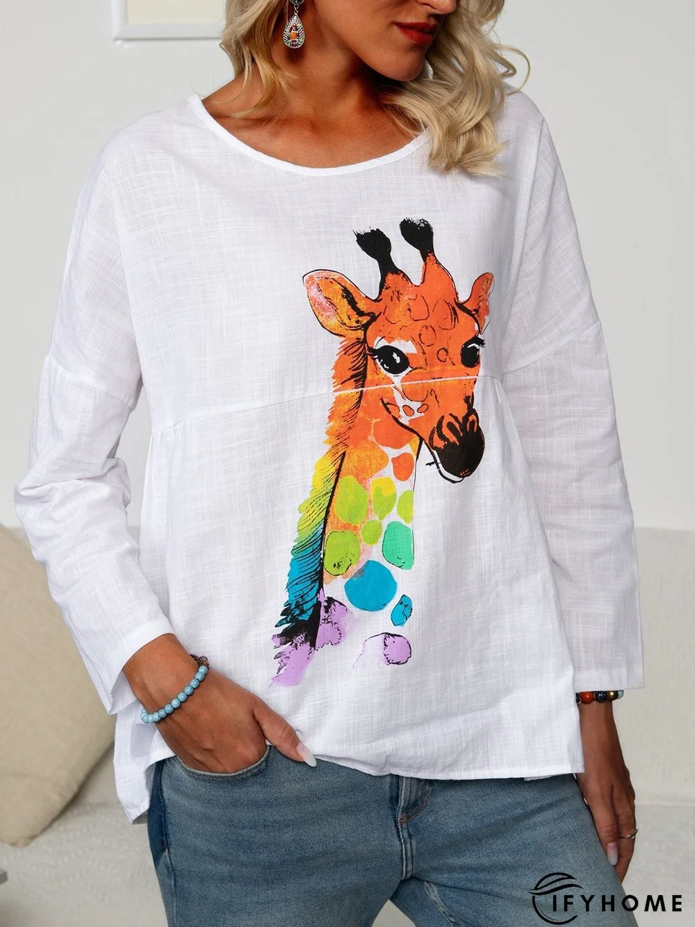 White Casual Daily Animal Printed Cotton-Blend A-Line T-shirt | IFYHOME