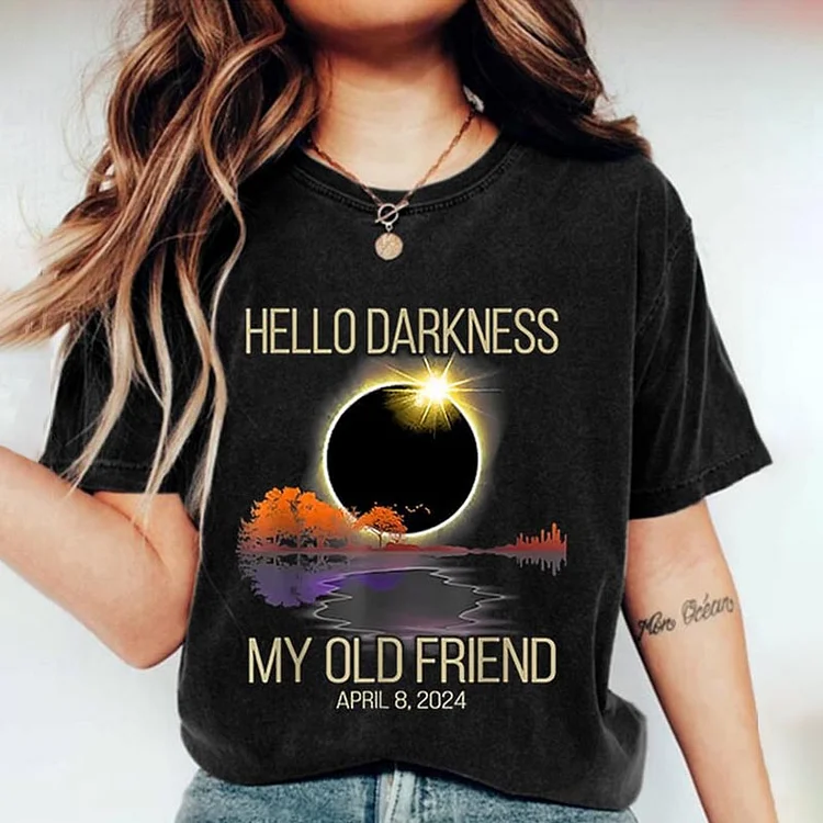 Comstylish Retro Hello Darkness My Old Friend Solar Eclipse Of April 8, 2024 Print T-Shirt