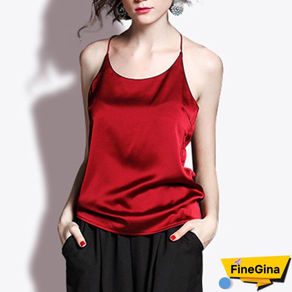 Christmas Gift Silk Crop Top Summer Women Tank Top Sleeveless Shirt Bustier Sexy O-Neck Halter Vest Bralette Blouse Cami Black White Red
