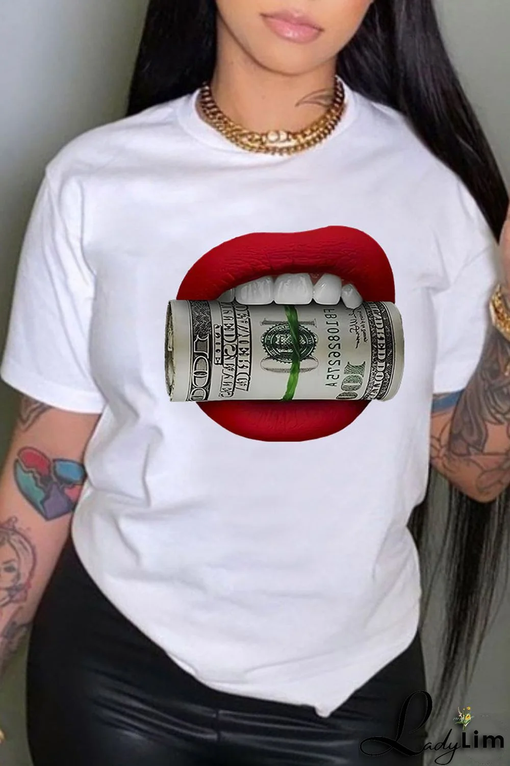 White Red Casual Street Lips Printed Letter O Neck T-Shirts