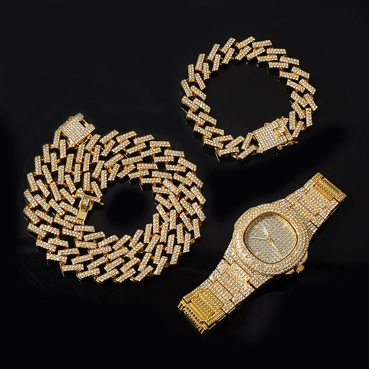 15MM 3pcs Iced Out Watch+Necklace+Bracelet Diamond Cuban Link Chain Jewelry-VESSFUL