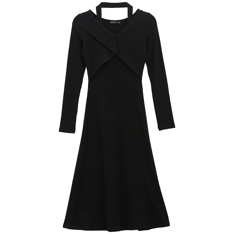 Westlink Spring New Casual Sle Long Sleeve Knitted Dress Women V-Neck Hanging Neck Black Dress High Waist A-Line Skirt