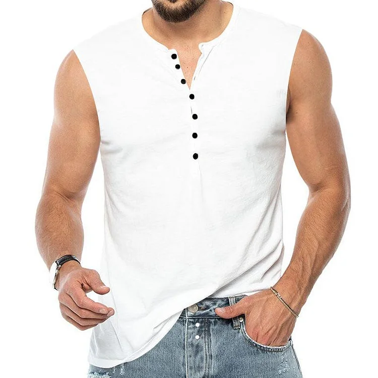 Men's Casual Solid Color Henley Collar Sleeveless Tank Top